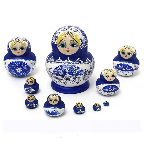 1 Set 10Pcs Russian Dolls Wooden Hand Painted Nesting Babushka Matryoshka Present Gift