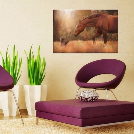 Friendship of Horse and Dog Silk Poster Fabric Nature Animal Print Wall Home Decoration
