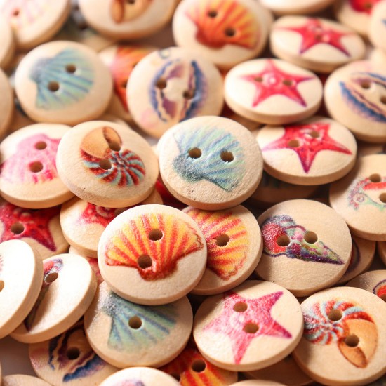 100 PCS Ocean Round Pattern Wooden Button Mixed 2 Hole Natural Sewing Handmade Clothes Buttons