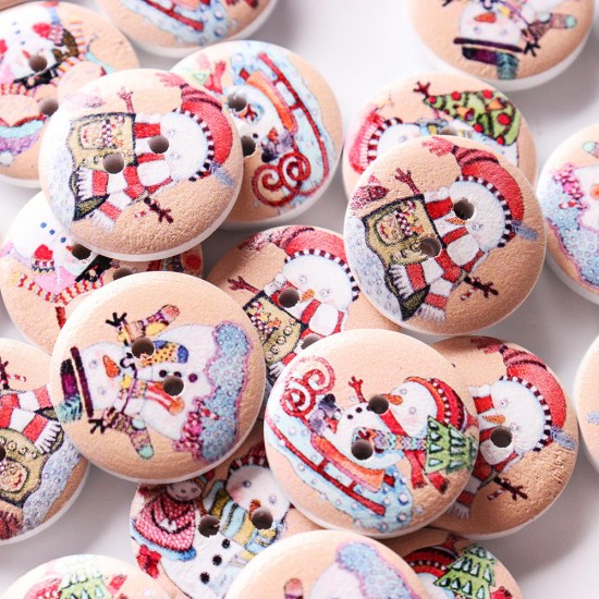 100 PCS Printed Round Pattern Wooden Button Mixed 2 Hole Natural Sewing Handmade Clothes Buttons