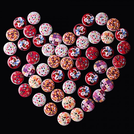 100 PCS Printed Round Pattern Wooden Button Mixed 2 Hole Natural Sewing Handmade Clothes Buttons