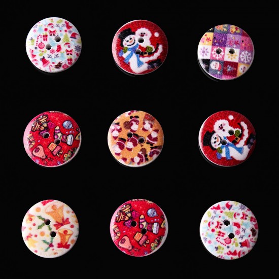 100 PCS Printed Round Pattern Wooden Button Mixed 2 Hole Natural Sewing Handmade Clothes Buttons