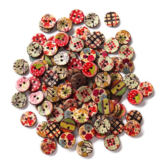 100 PCS Round Pattern Wooden Button Mixed 2 Hole Natural Sewing Children Handmade Clothes Buttons