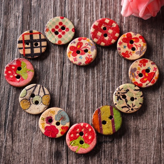 100 PCS Round Pattern Wooden Button Mixed 2 Hole Natural Sewing Children Handmade Clothes Buttons