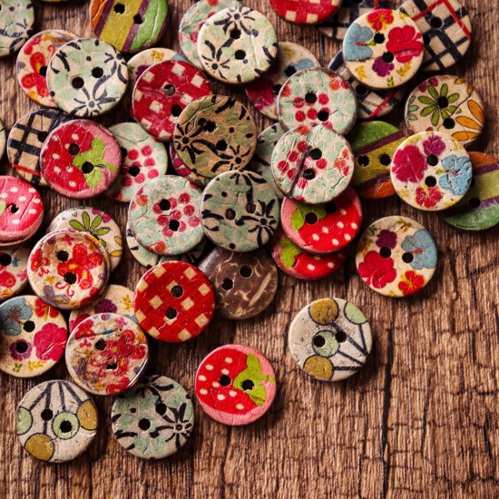 100 PCS Round Pattern Wooden Button Mixed 2 Hole Natural Sewing Children Handmade Clothes Buttons