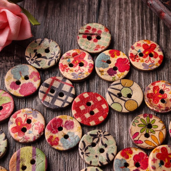 100 PCS Round Pattern Wooden Button Mixed 2 Hole Natural Sewing Children Handmade Clothes Buttons