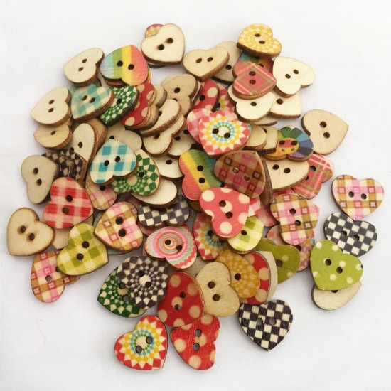 100pcs 3 Size Heart Shape Wooden Buttons DIY Handcraft Sewing Buttons Washable Colorfast Buttons
