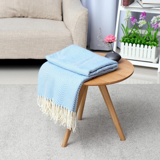100% Cotton EHC Herringbone Single Or King Sofa Armchair Blankets Throw White & Blue