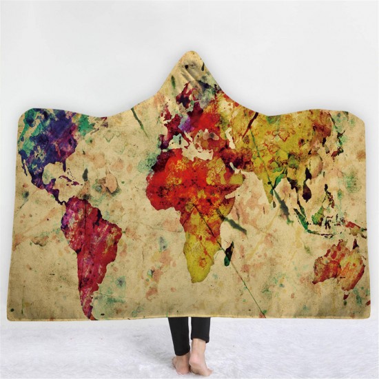 150*200cm 3D Digital Printing World Map Adult Hooded Blanket Wearable Durable Blankets