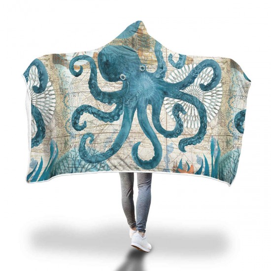 150x200cm Kid Adult Hooded Blankets Soft Ocean World Wearable Throw Blankets Cloak