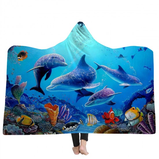 150x200cm Kid Adult Hooded Blankets Soft Ocean World Wearable Throw Blankets Cloak