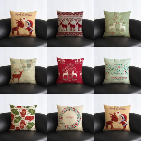 Vintage Christmas Series Deer Throw Pillow Case Linen Cotton Square Sofa Cushion Cover
