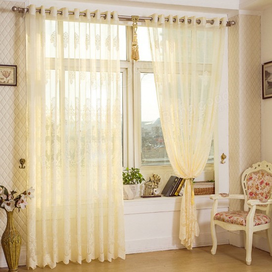 2 Panel Beige Hollow Out Sheer Tulle Curtains Window Screening Breathable Bedroom Study Home Decor