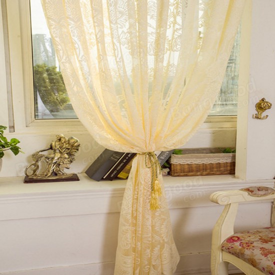 2 Panel Beige Hollow Out Sheer Tulle Curtains Window Screening Breathable Bedroom Study Home Decor