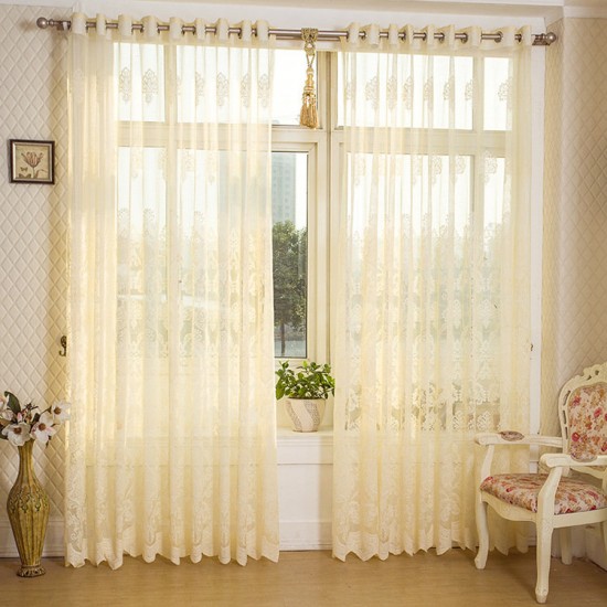 2 Panel Beige Hollow Out Sheer Tulle Curtains Window Screening Breathable Bedroom Study Home Decor