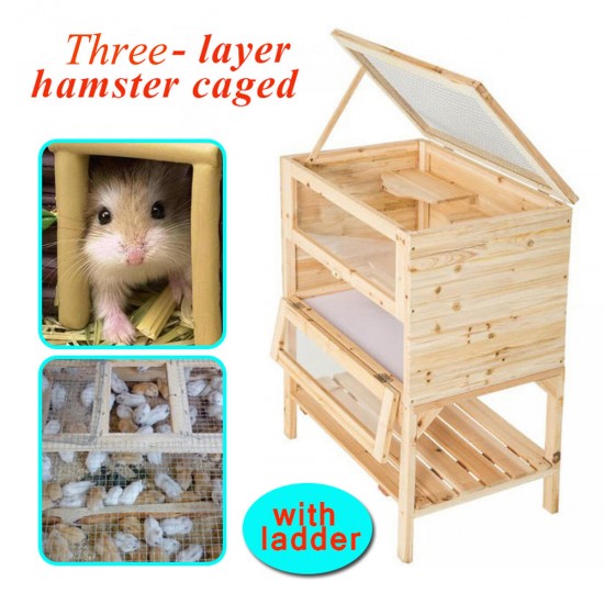 Wooden 3 Tiers Hamster Cage Wood House Pet Mouse Small Animals Rats Exercise