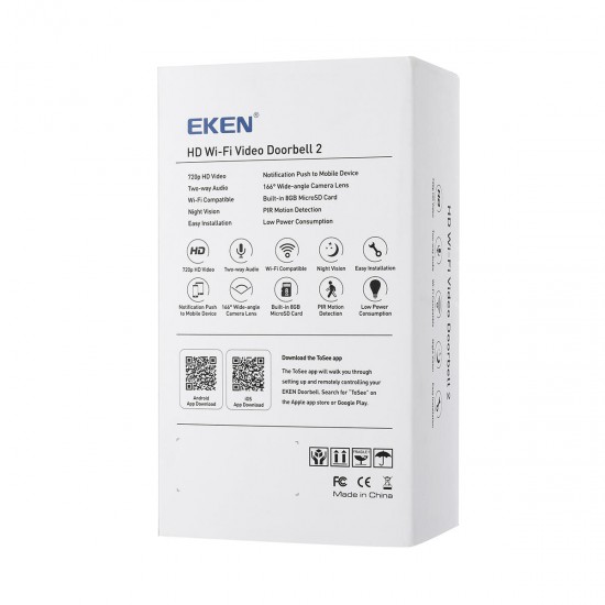 EKEN Video Doorbell 2 720P HD Wifi Camera Real-Time Video Two-Way Audio Wide-angle Lens Night Vision PIR Motion Detection App EKEN Video Doorbell 2 720P HD Wifi Camera Real-Time Video Two-Way Audio Wide-angle Lens Night Vision PIR Motion Detection App