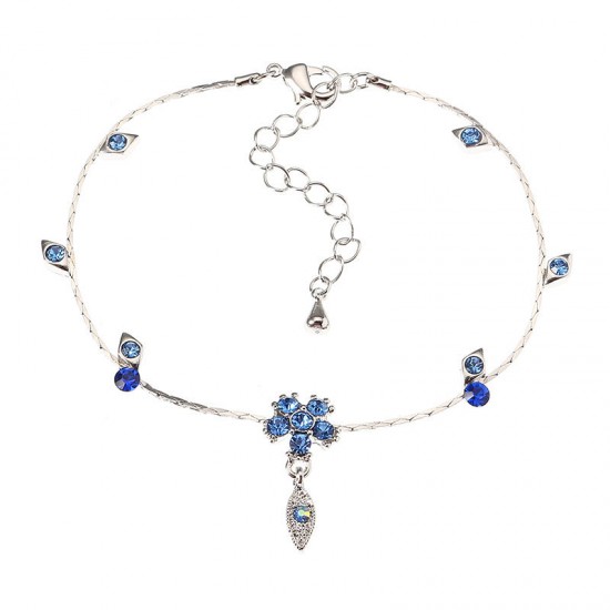 JASSY® Fine Anklet Platinum Plated Capri Blue Rhinestone Flower Leaf Pendant Jewelry for Women