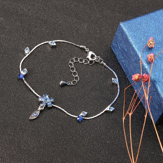 JASSY® Fine Anklet Platinum Plated Capri Blue Rhinestone Flower Leaf Pendant Jewelry for Women