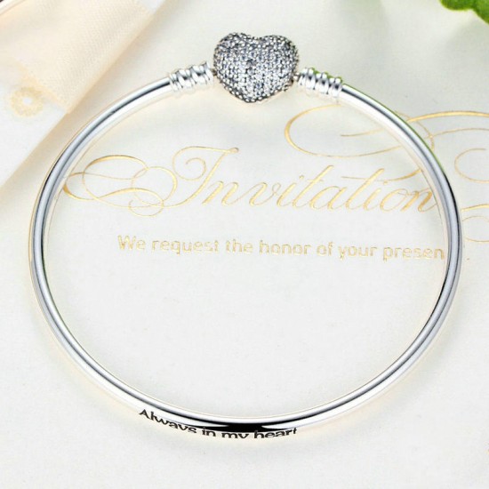Elegant 925 Silver Zircon Heart Shaped Buckle Bracelet Bangle For Women