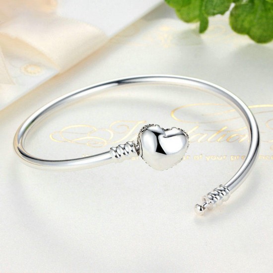 Elegant 925 Silver Zircon Heart Shaped Buckle Bracelet Bangle For Women