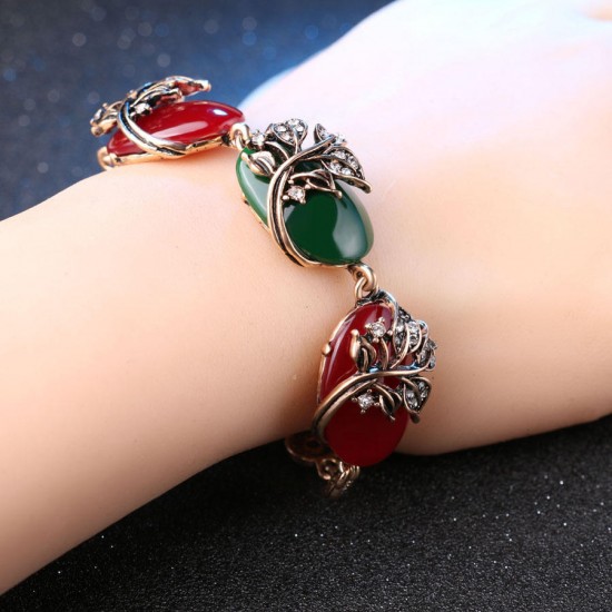 Ethnic Ruby Resin Bracelet Retro Red Green Crystal Emerald Resin Pure Ancient Gold Ladies Bracelets