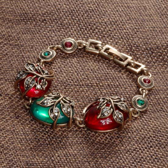 Ethnic Ruby Resin Bracelet Retro Red Green Crystal Emerald Resin Pure Ancient Gold Ladies Bracelets