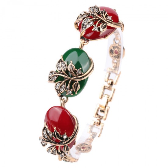 Ethnic Ruby Resin Bracelet Retro Red Green Crystal Emerald Resin Pure Ancient Gold Ladies Bracelets