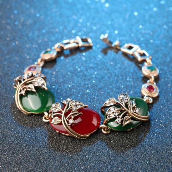 Ethnic Ruby Resin Bracelet Retro Red Green Crystal Emerald Resin Pure Ancient Gold Ladies Bracelets