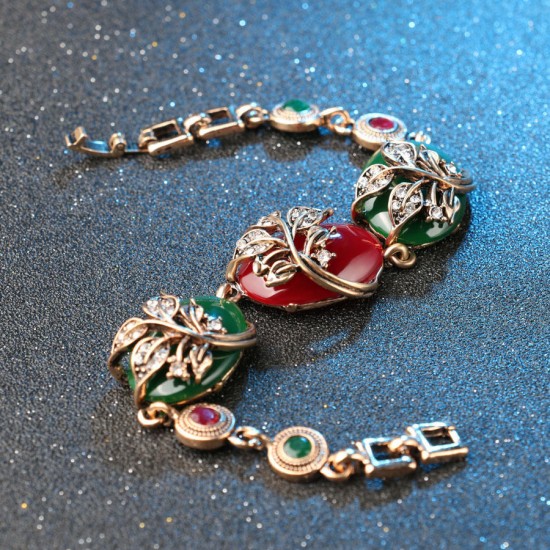 Ethnic Ruby Resin Bracelet Retro Red Green Crystal Emerald Resin Pure Ancient Gold Ladies Bracelets