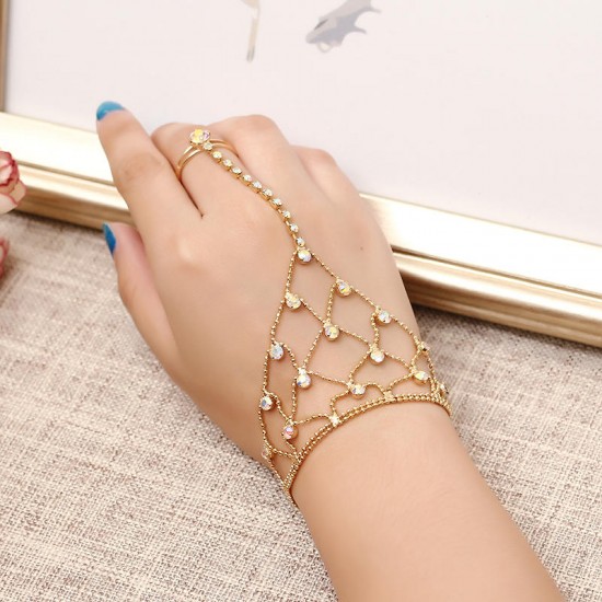 JASSY® 18K Gold Plated Colorful Rhinestone Palm Bracelet With Ring Fashion Anallergic Women Jewelry