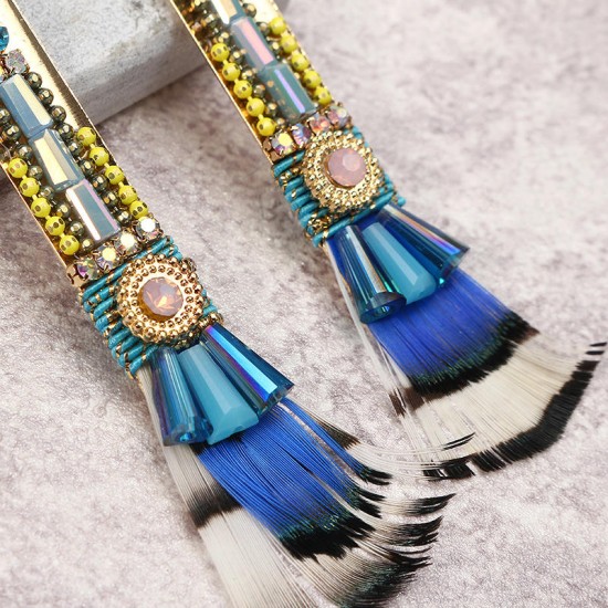 Bohemian Gold Plated Gemstone Earring Elegant Feather Pendant Ear Drop Jewelry Gift For Women