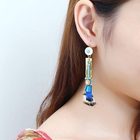 Bohemian Gold Plated Gemstone Earring Elegant Feather Pendant Ear Drop Jewelry Gift For Women