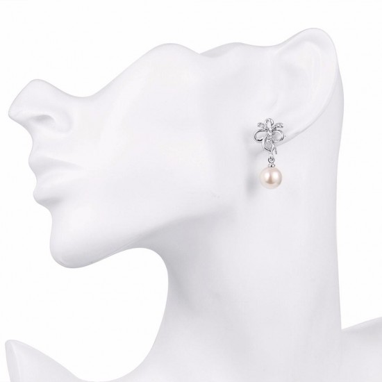 INALIS Pearl Pendent Butterfly Rhinestone Platinum Earrings