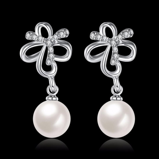 INALIS Pearl Pendent Butterfly Rhinestone Platinum Earrings