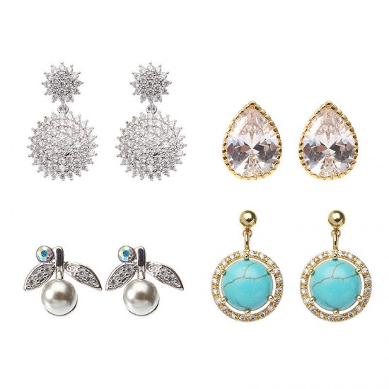 JASSY® 4 Pairs Earrings Luxury Gold Platinum Plated Turquoise Flower Zircon Drop Women Jewelry