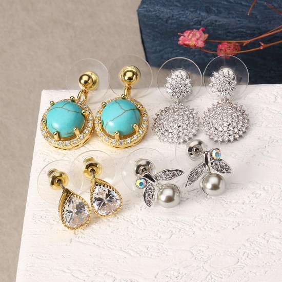 JASSY® 4 Pairs Earrings Luxury Gold Platinum Plated Turquoise Flower Zircon Drop Women Jewelry