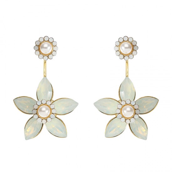 JASSY® Elegant 18K Gold Plated White Opal Rhinestones Flower Semi Precious Stone Earring