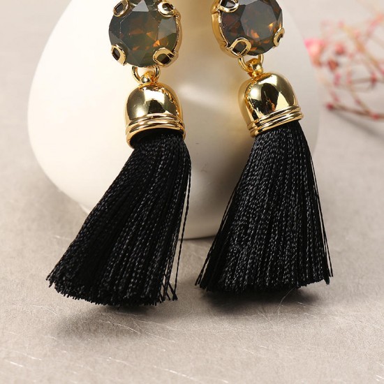JASSY® Elegant Luxury 18K Gold Plated Crystal Black Tassel Ear Drop for Women