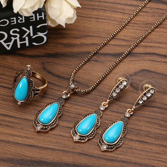 JASSY® Bohemian Gold Earrings Natural Blue Stone Necklace Retro Rhinestones Ring Gift For Women