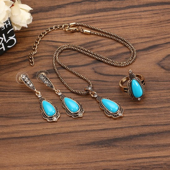 JASSY® Bohemian Gold Earrings Natural Blue Stone Necklace Retro Rhinestones Ring Gift For Women