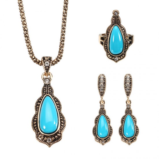 JASSY® Bohemian Gold Earrings Natural Blue Stone Necklace Retro Rhinestones Ring Gift For Women