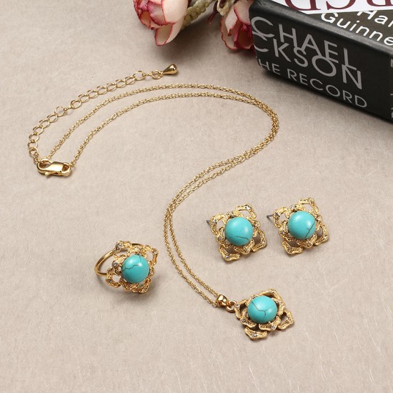 JASSY® Elegant 18K Gold Plated Turquoise Jewelry Set Vintage Necklace Ring Earrings for Women