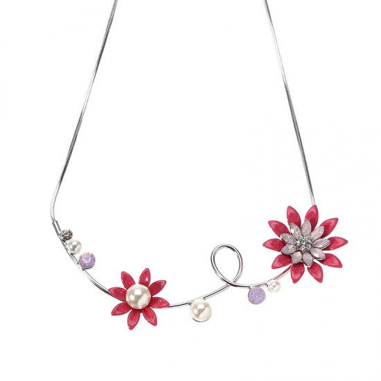 JASSY® Elegant Pink Women Rhinestone Flower Pearl Earrings Necklace Jewelry Set