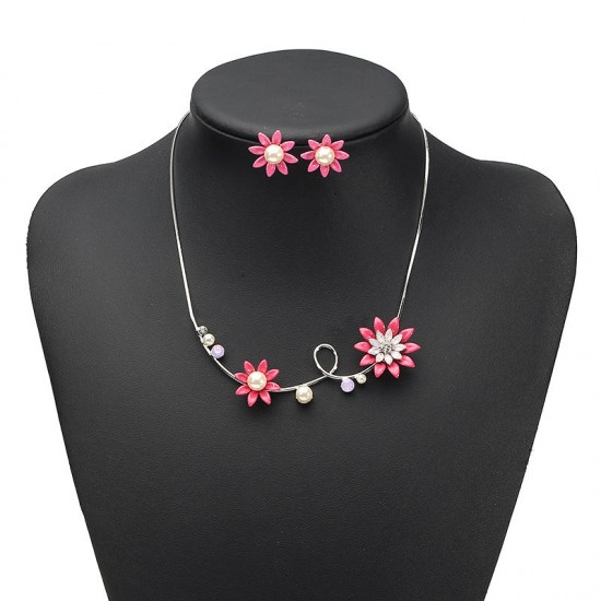 JASSY® Elegant Pink Women Rhinestone Flower Pearl Earrings Necklace Jewelry Set