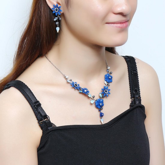 JASSY® Elegant Royal Blue Jewelry Set Flower Crystal Pearl Necklace Earrings