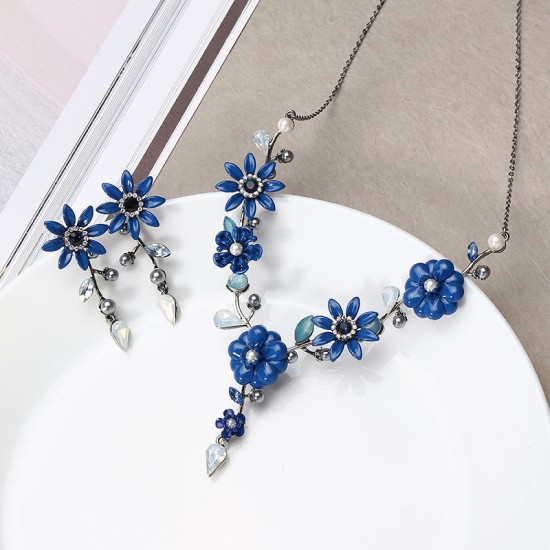 JASSY® Elegant Royal Blue Jewelry Set Flower Crystal Pearl Necklace Earrings