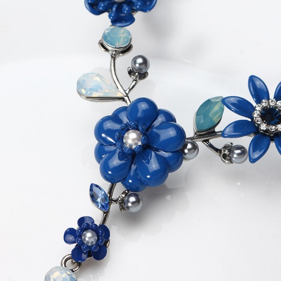 JASSY® Elegant Royal Blue Jewelry Set Flower Crystal Pearl Necklace Earrings