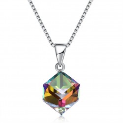 925 Sterling Silver Colorful Shining Cube Crystal Necklace Silver Charm Necklace for Women