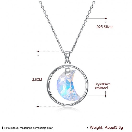 925 Sterling Silver Shining Zirconia Crystal Necklace Dangle Moon Shape Charm Necklaces for Women